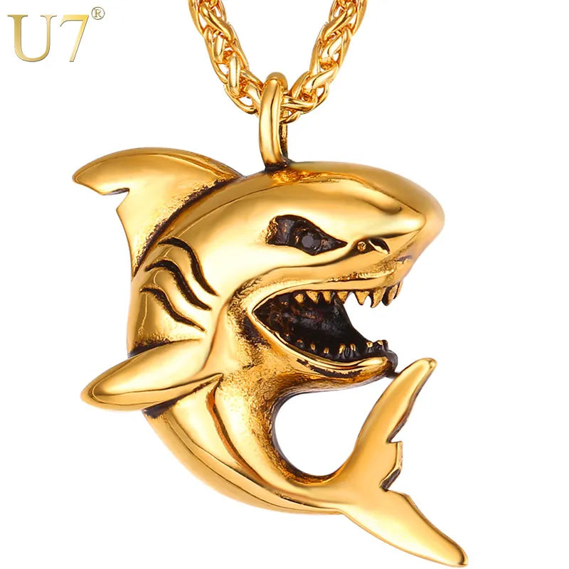 U7 Big Shark Pendant Necklace Men Stainless Steel Jewelry Rock Punk Ocean Sea Animal Necklaces