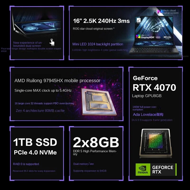 Asus ROG Zephyrus Double screen GX650 E-sport R9-7945HX RTX4070/4080/4090 2.5K 240Hz MiniLED 16Inch  Computer Gaming Laptop