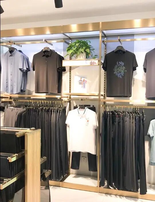 High-end stainless steel clothing store display rack Display rack floor-down gold light luxury brushed shirt men's store shelves