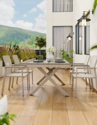 Outdoor plastic wooden tables and chairs, waterproof courtyard, leisure combination, simple outdoor terrace, long table garden