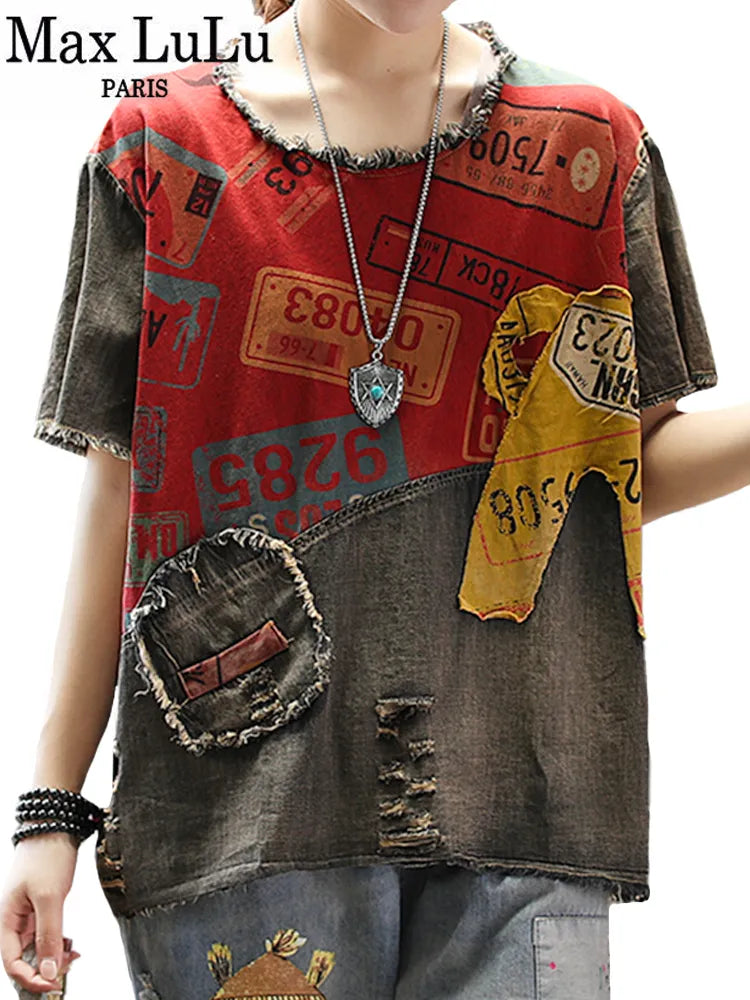 Max LuLu 2023 New Summer European Fashion Style Ladies Vintage Tee Shirts Women Denim Patchwork Ripped Tshirts Casual Streetwear