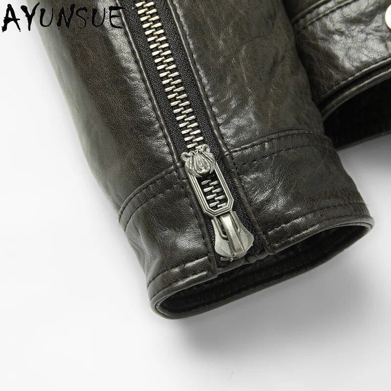 2024 New Men's Sheepskin Leather Jacket Men Clothing Motorcycle Jackets Short Autumn Coat Male Chaqueta Hombre :LXR958