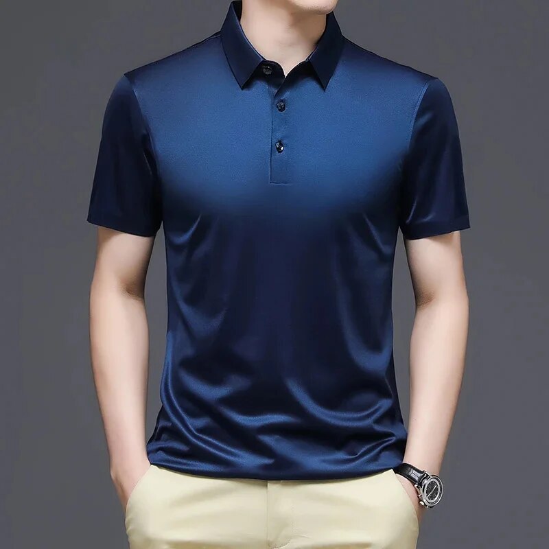 MINGLU Mulberry Silk Seamless Men's Polo Shirts Luxury Short Sleeve Solid Color Casual Male T-shirts Summer Man Tees 4XL