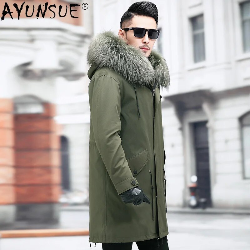 Men's Clothing 2020 Winter Jacket Men Real Rex Rabbit Fur Jackets 100% Raccoon Collar Parka Erkekler Ceket LXR828