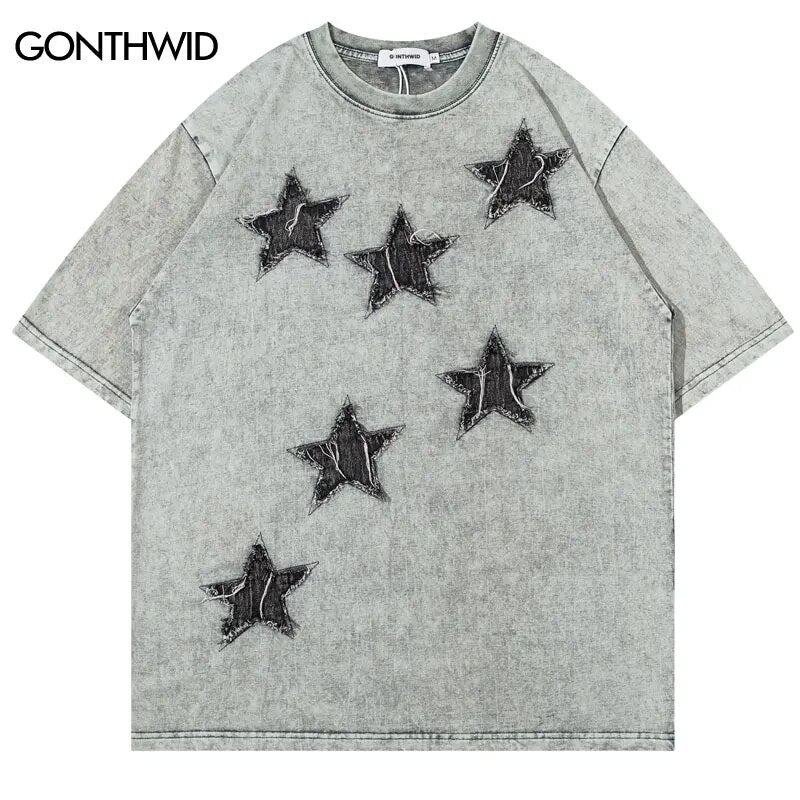 Vintage T-Shirt Streetwear Hip Hop Embroidery Star Patch Washed Tshirt 2023 Harajuku Punk Gothic Tee Shirts Fashion Loose Top