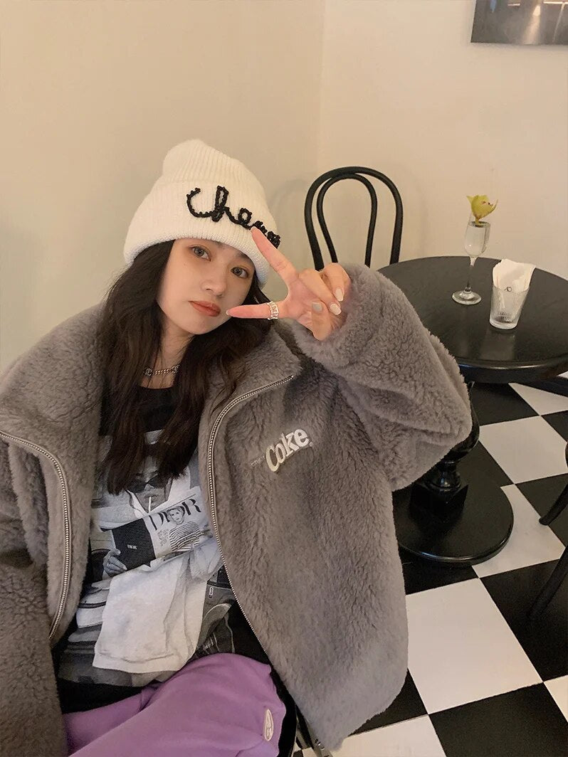 Coat Women Clothes Korean Winter Embroidered Wool Fur Coat Baseball Warm Sheep Shearling Coats Casaco Masculino Sq862