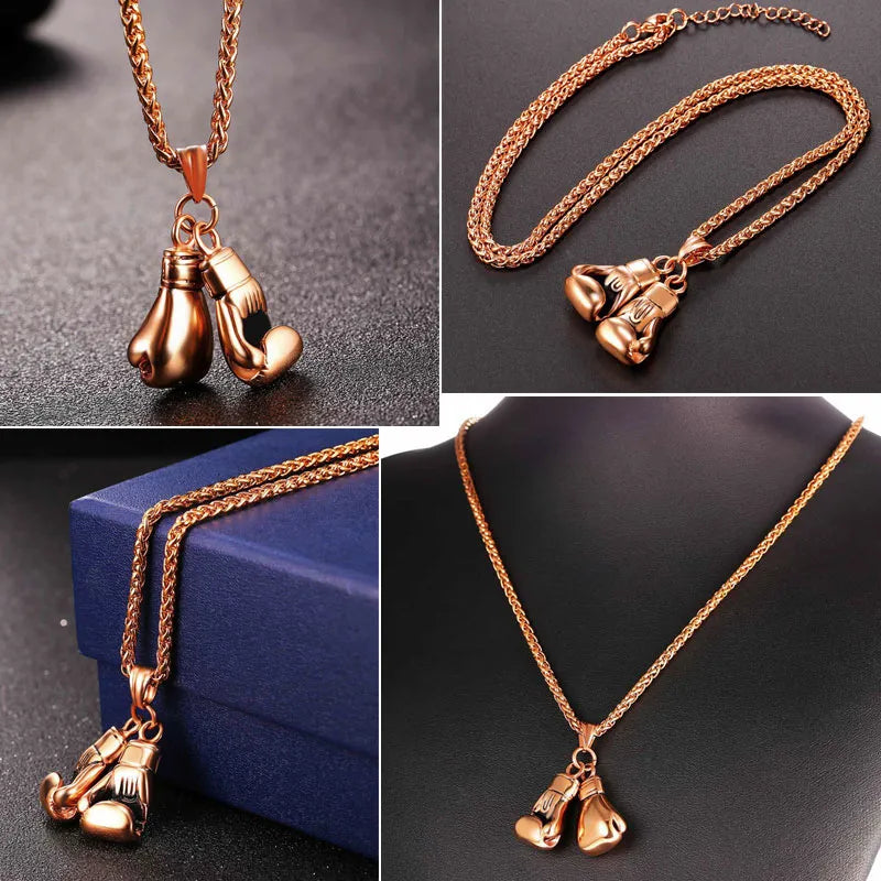 U7  Boxing Necklace for Man 24" Wheat Link Chain Gloves Stainless Steel Sport GYM Fitness Fighting Pendant Sporty Punk Jewelry