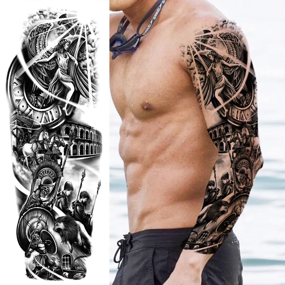 YURAN Flash Fake Full Arm Soldier Temporary Tattoos Waterproof Lion Knight Angel Tatoo For Men Women Body Leg Art Tattoo Sticker