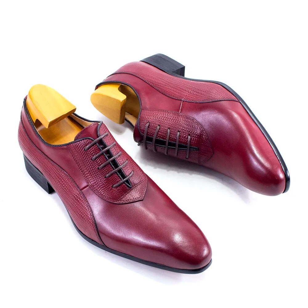 Luxury Men Shoe Genuine Leather Lace Up Fashion Oxford Pointed Toe Office Dress Wedding Black Red  Formal Business Men's Shoes