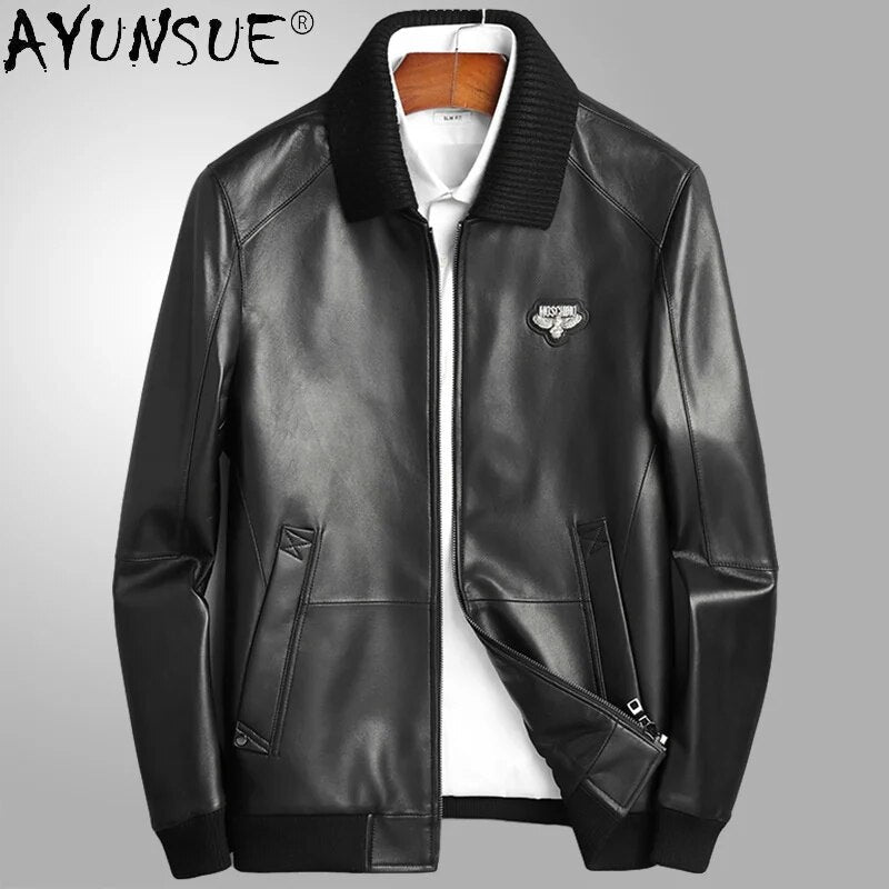Genuine Sheepskin Leather Jacket Men Clothing Baseball Style Detachable Fur Collar Fashion Clothes Ropa Hombre LXR931