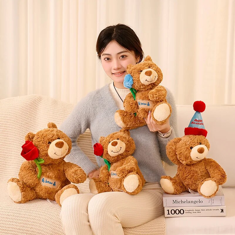 Kawaii Dress Happy Birthday Hat Brown Bear Plush Toy Stuffed Red Rose Bear Confession Valentine's Day Plushie for Girl Boy Gift