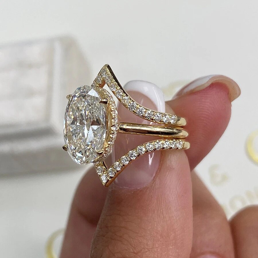 AEAW 14K Yellow Gold Oval Cut Lab Grown Diamond Engagement Ring 4 Carat CVD diamond ring Lab Diamond Engagement Ring Set IGI