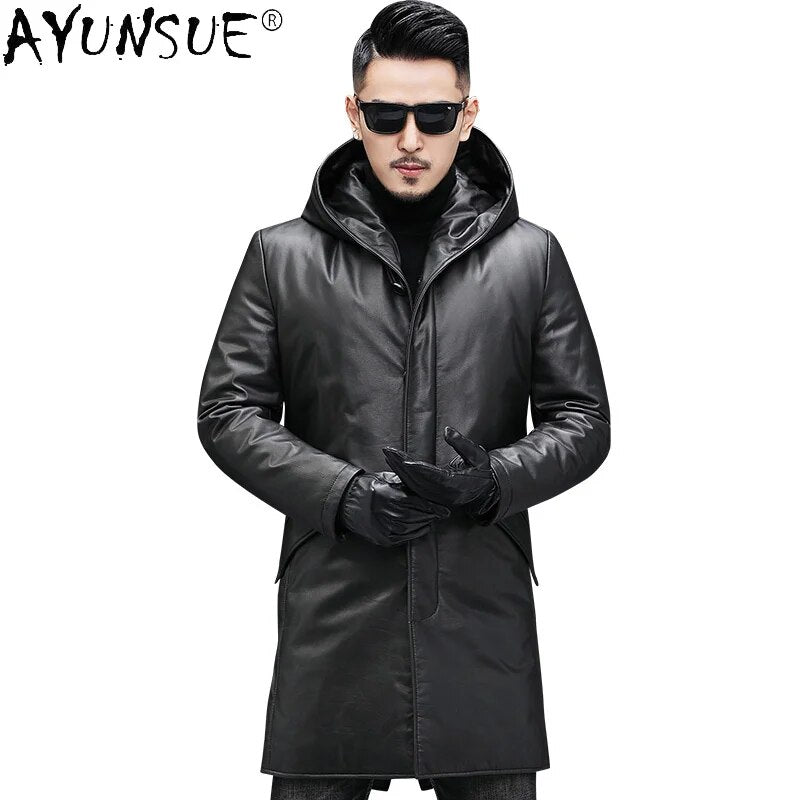 Men's Down Jacket Winter Coat Men Clothing Real Cow Leather Jackets Thick Clothes Hooded Windbreaker Ropa Hombre LXR543