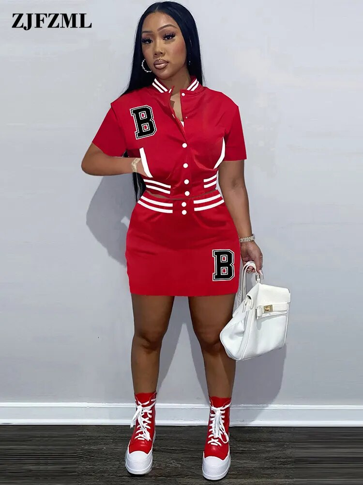 B Letter Embroidery Two Piece Dress Sets Harajuku Girls Baseball Sport Cropped Coat and High Waist Skirt Matching Outfit Summer - KAISERINC