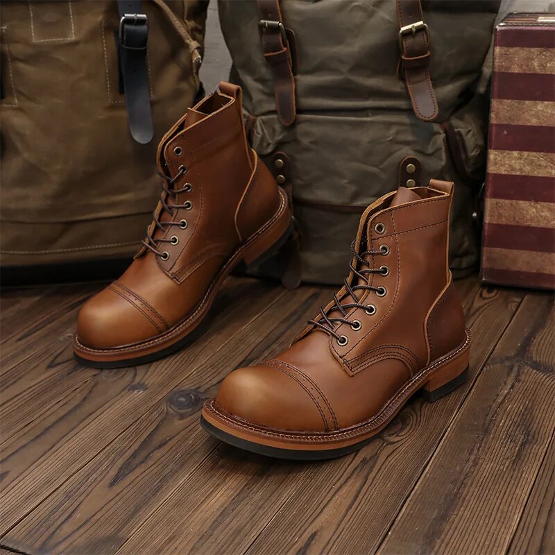 Tooling Work Boots Genuine Leather Luxury Designer Men Shoes Vintage Riding Boots Men Military Boots Men Outdoor Sneakers