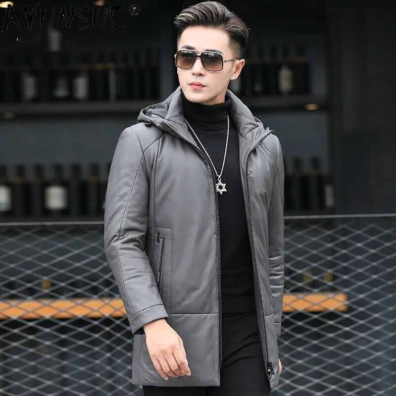 Genuine Leather Down Jacket Men's Clothing Hooded Clothes Sheepskin Warm Coat Male 2024 Winter Parkas Ropa Hombre LXR539