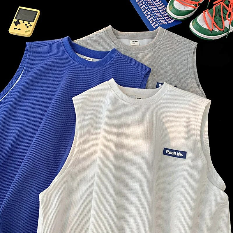 Men's Loose T Shirts Vest Summer Sleeveless T-shirt Casual Simple Waffle Sports Round Neck Letter Daily Tank Tops Tees Vests