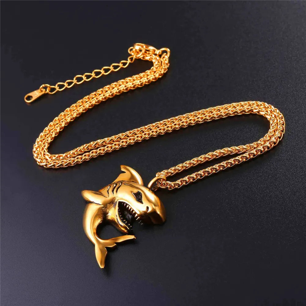 U7 Big Shark Pendant Necklace Men Stainless Steel Jewelry Rock Punk Ocean Sea Animal Necklaces