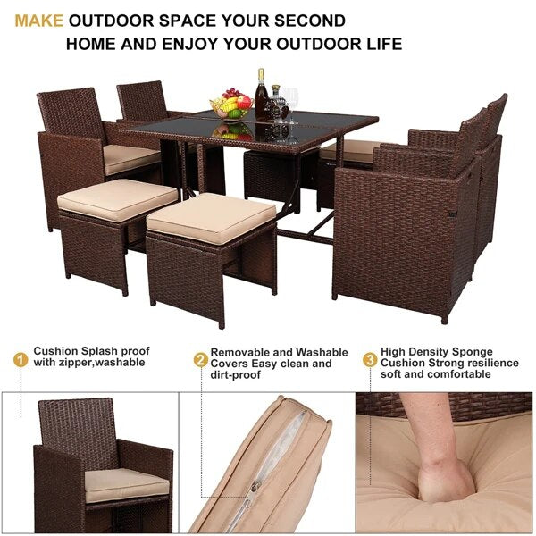 9 Pieces Patio Furniture Set Wood Grain PE Wicker Rattan Dining Table Set Ottoman with Tempered Glass Table Easy Assembly