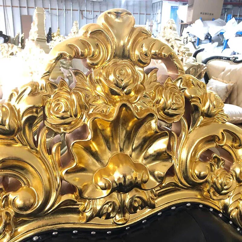 European Style Full Gilded Frame Leather Carved Luxury Villa Living Room Sofa American Style Villa Solid Wood Carved Living Room