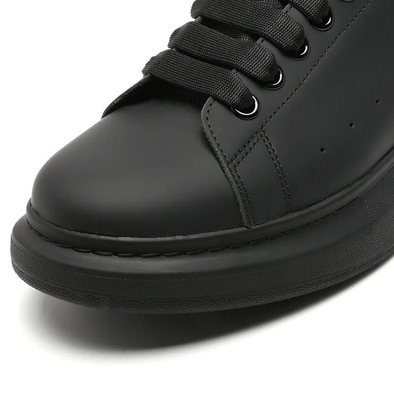 Handmade Black Leather Shoes Men Calf Leather Round-toe Casual Sneakers Unisex Loafers Shoes Women's Platforma Elevator Shoes