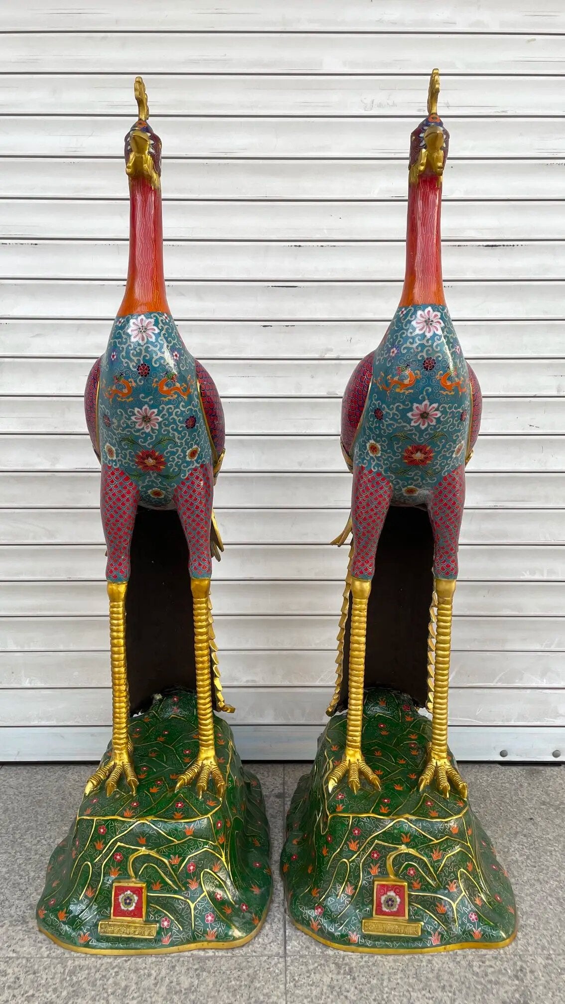 49"Tibet Temple Collection Old Bronze Cloisonne Enamel Phoenix Divine Beast Statue A pair Amass wealth Ornaments Town house