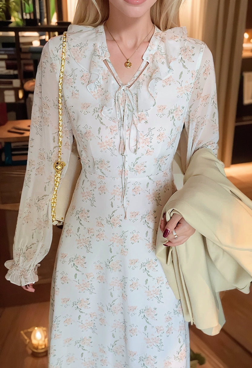 Lady Dao Ge Long-Sleeved Chiffon Slim-Fit A- line Floral Skirt