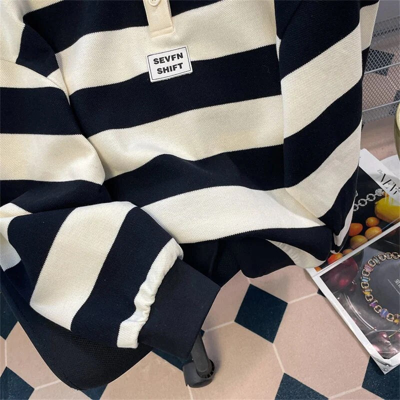 Men's Retro Black White Striped Polo Shirt Sweater Women's Autumn Loose Long-sleeved Turndown Collar Buttons Letter Tops Tees