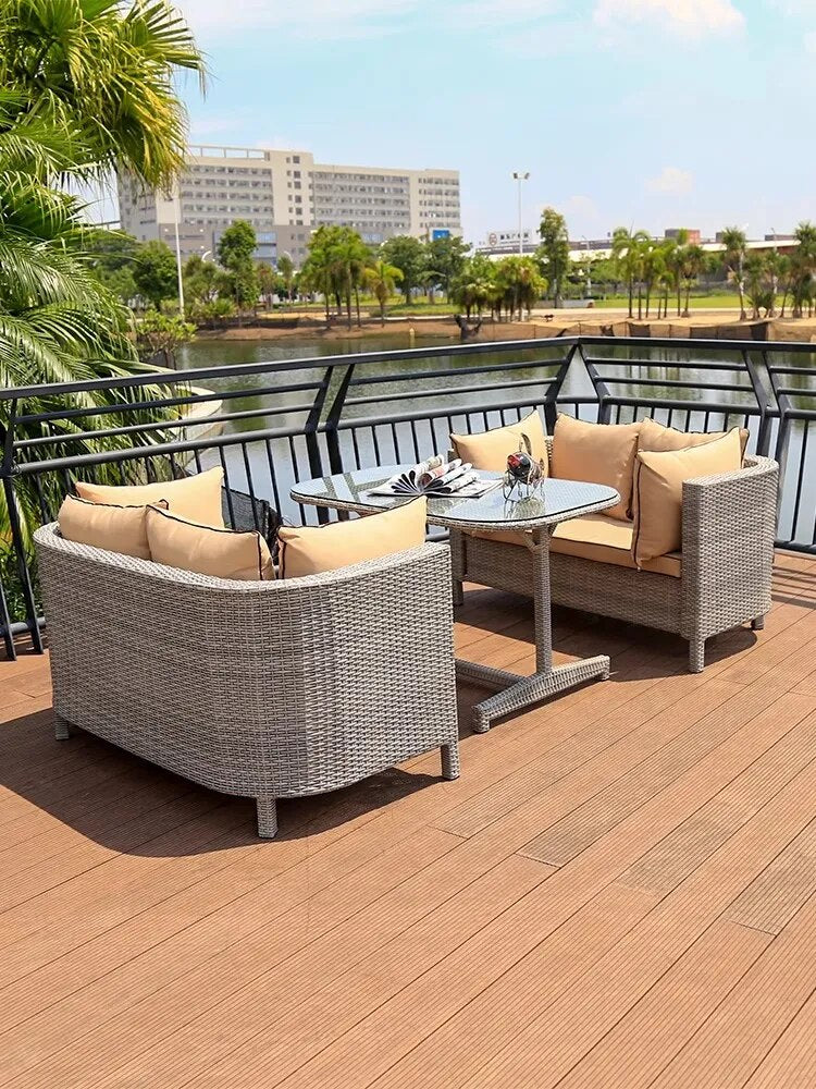 3 pcs Outdoor Furniture dining set metal Frame rattan sofa coversation set space saving coffee shop patio yard poolside garden