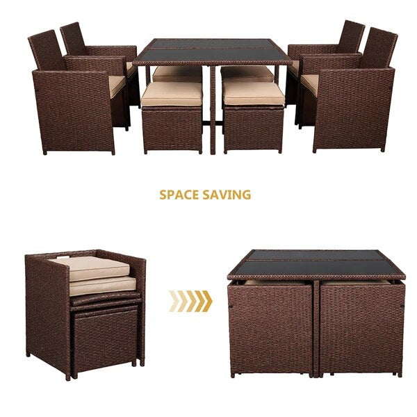 9 Pieces Patio Furniture Set Wood Grain PE Wicker Rattan Dining Table Set Ottoman with Tempered Glass Table Easy Assembly