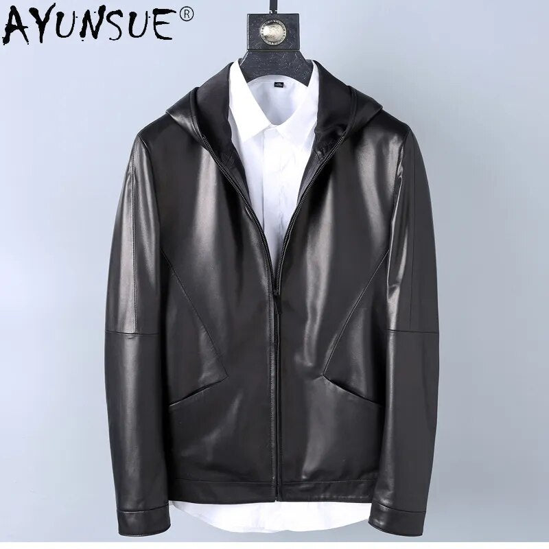 2024 New Men Clothing Sheepskin Genuine Leather Jacket Men's Clothes Hooded Jackets Autumn Male Coat Ropa Hombre LXR475