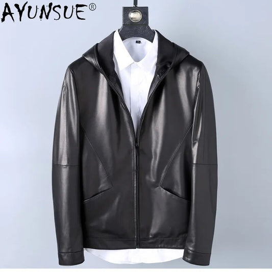 2024 New Men Clothing Sheepskin Genuine Leather Jacket Men's Clothes Hooded Jackets Autumn Male Coat Ropa Hombre LXR475