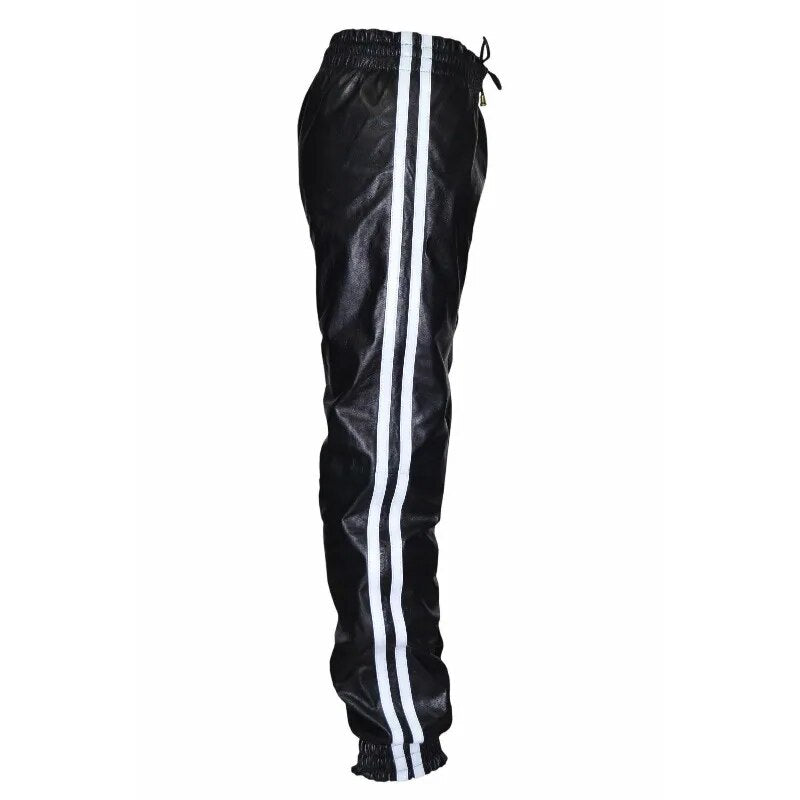 Men's Black Leather 100% Genuine Sheepskin Sports Pants European and American Fashion Trends