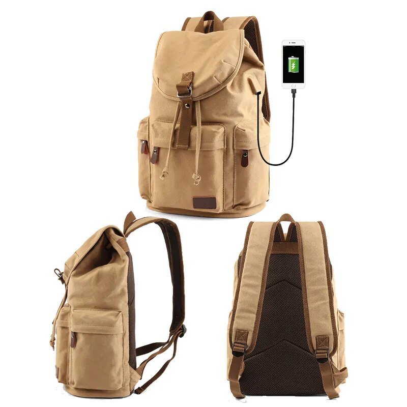 TANGHAO Canvas Backpack Unisex Vintage Casual Rucksack 17inch Laptop Backpack W/ USB Charging Port Schoolbag Student Mochia
