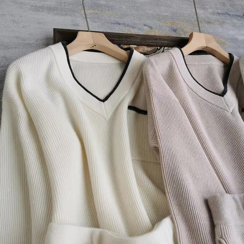 Autumn Winter V Neck Long Sleeve 100% Cashmere Casual Style Pants Suit