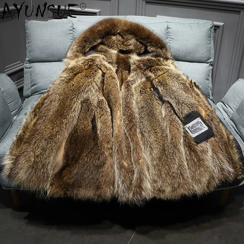 Men Clothing Winter Jacket Mens Real Raccoon Fur Men's Jackets 5XL Thick Parkas Shearling Long Coat Male Jaqueta LXR371