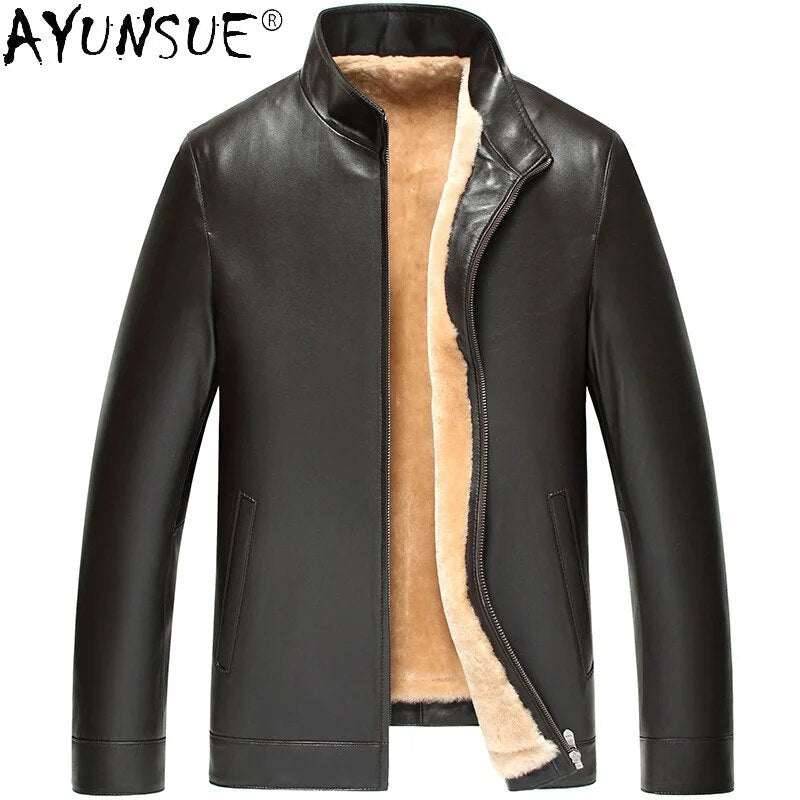 Genuine Leather Jacket Men Clothing Winter Coat Real Mink Fur Collar Sheep Shearing Men's Clothes Ropa De Hombre LXR754