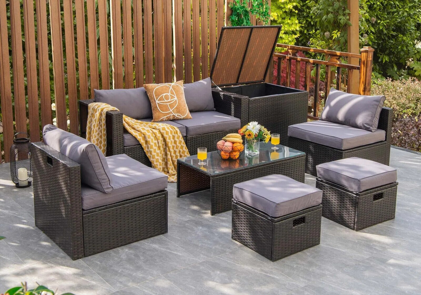 Patiojoy 8PCS Patio Rattan Furniture Set Space-Saving Storage Cushion Grey