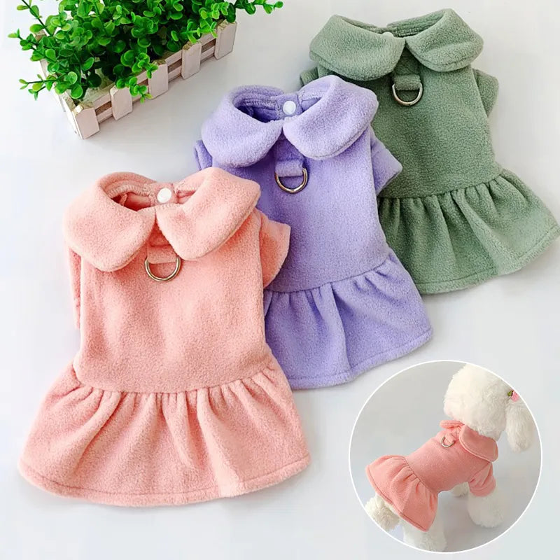 Autumn Winter Pet Dresses Christmas Wool Princess Skirt Harness Traction Cord Small Dog Coat Holiday Clothes Yorkie Poodle Puppy - KAISERINC