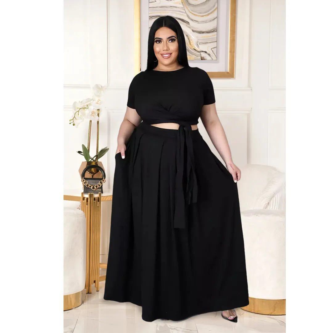 Plus Size Outfits for Women 4xl 5xl Fashion Round Collar Solid Color Bandage Swing Two Piece Set Skirts Wholesale Dropshipping