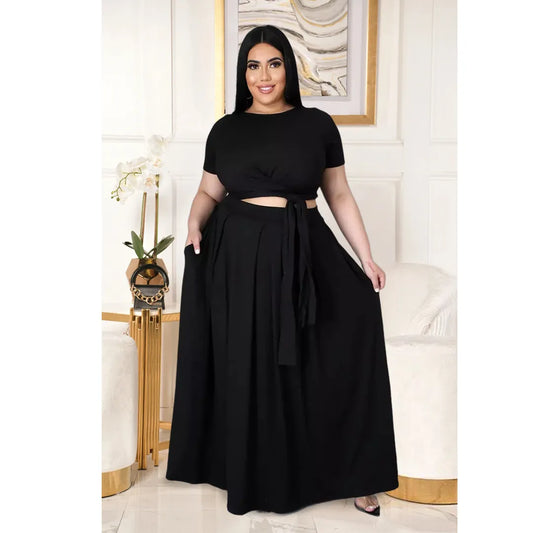 Plus Size Outfits for Women 4xl 5xl Fashion Round Collar Solid Color Bandage Swing Two Piece Set Skirts Wholesale Dropshipping