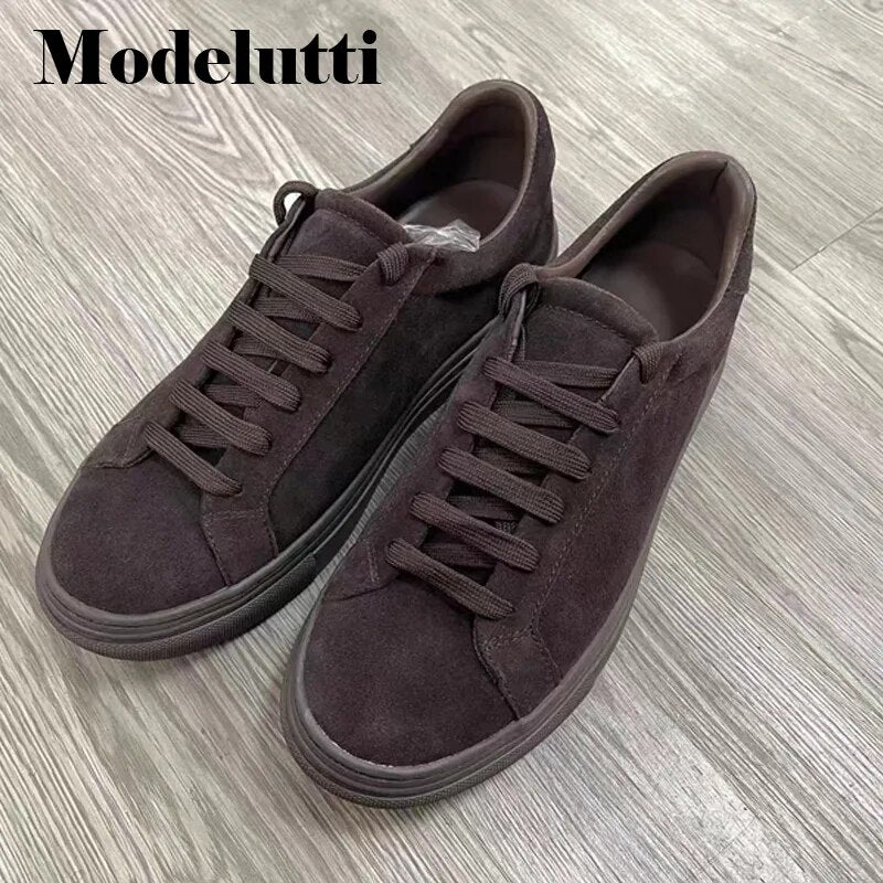 Modelutti 2023 New Men Summer Genuine Leather Round Head Lacing Flat Sneakers Solid Simple Versatile Basic Shoe Casual Male Chic