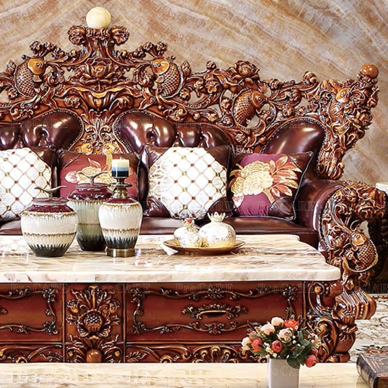 ProCARE European sofa American villa living room genuine leather solid wood carving etro 124 living room sofa sets