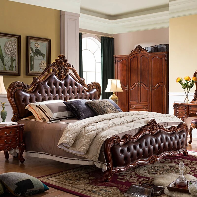 European-style Solid Wood Double Bed Wedding Bed American Furniture 1.8m Master Bedroom Leather Soft-covered Princess Bed