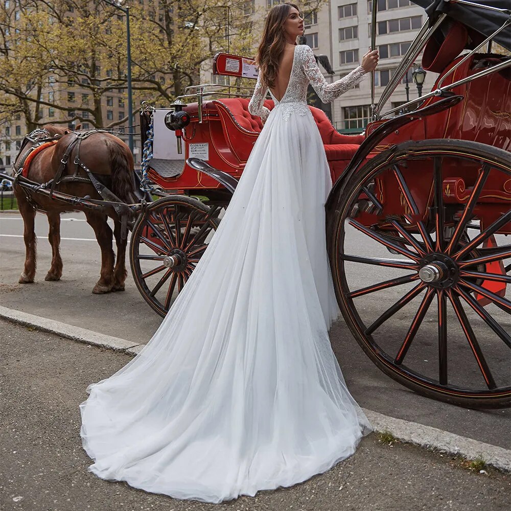 Aviana Charming V-Neck A-Line Wedding Dresses Long Sleeves Lace Appliques Bridal Gown High Side Split Backless Vestido De Novia - KAISERINC