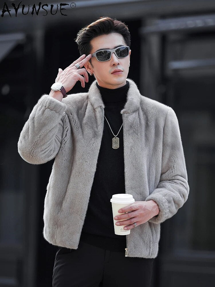 AYUNSUE Real Fur Coat Mink Jackets for Men Luxury Winter Natural Mink Fur Jacket Baseball Collar Fur Coats Jaqueta Masculino