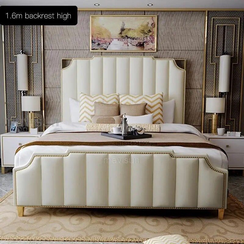 Nordic Modern Luxury Double Bed For Bedroom Furniture Sets Storage Leather Bad+Mattress+2 Nightstand