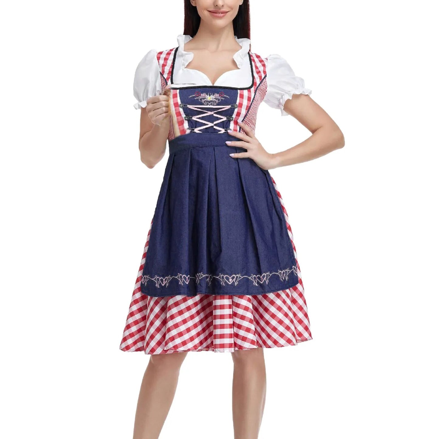High Quality Traditional German Plaid Dirndl Dress Oktoberfest Costume Outfit For Adult Women Halloween Cosplay Fancy Party - KAISERINC