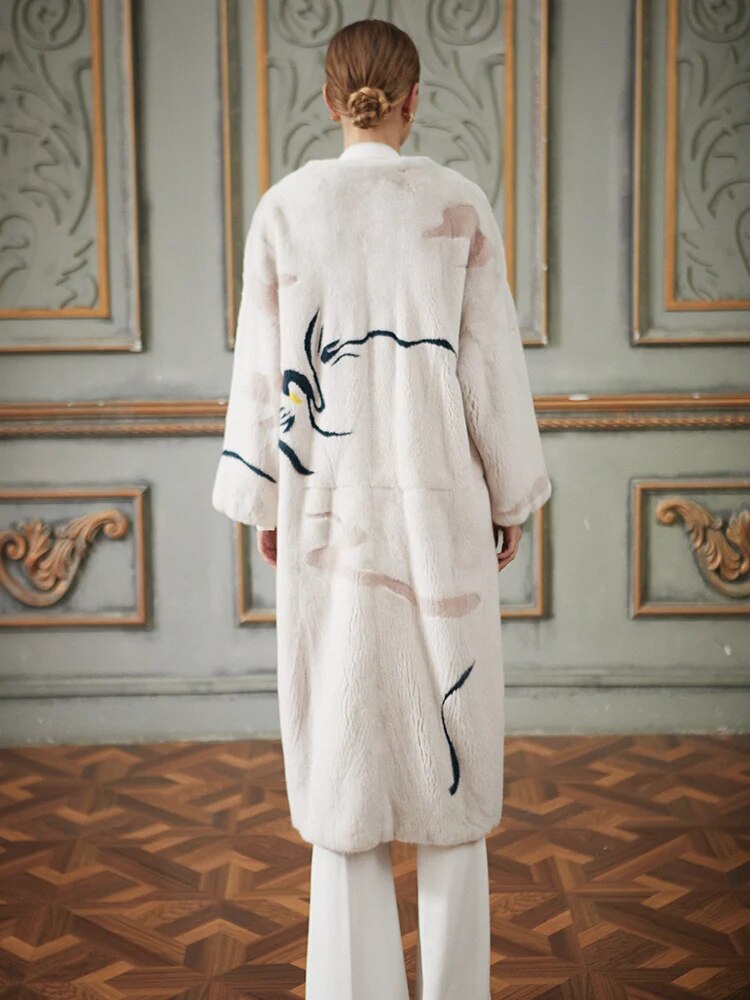 Women's Fur Coat 2223 Trend Natural Fur Long Mink White Floral Outerwear Jackets Trench Coats New In Outdoor Clothes Clothing