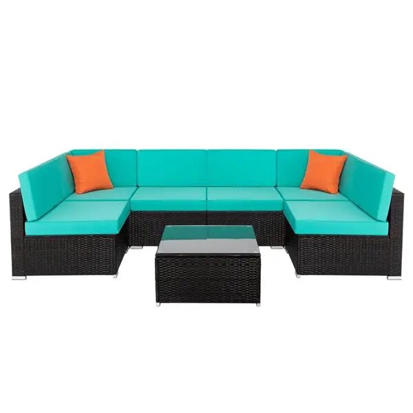 7-piece Outdoor Patio Furniture Set PE Wicker Rattan Conversation Sectional Sofa Sets with Tempered Glass Coffee Table Lake Blue